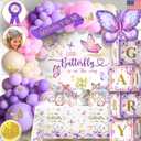 195 Pc Butterfly Baby Shower Decorations for Girl with Pink and Purple Butterfly Balloon Arch Kit, Baby Girl Boxes, Backdrop, Tablecloth, Sash, Cake and Cupcake Toppers, Crown and more