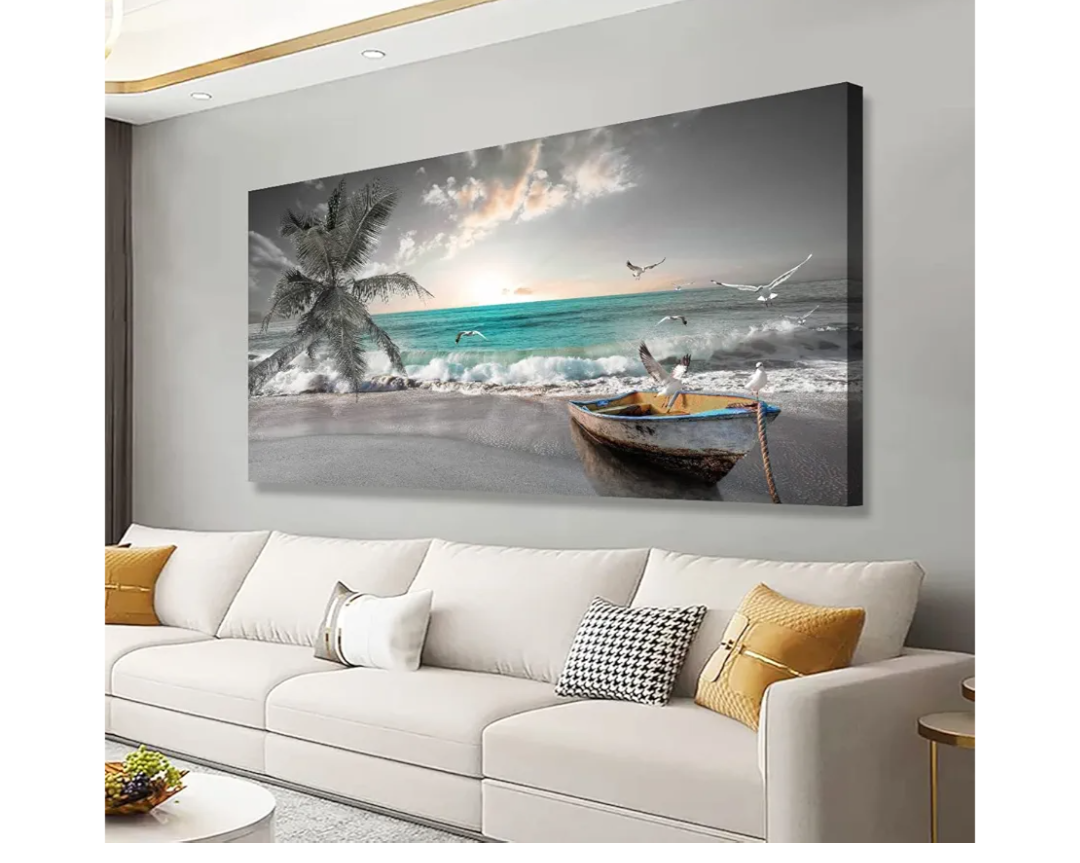 Beach Sea Wave Pictures Canvas Wall Art For Living Room Bedroom Wall Decor,Sea Wave Wall Art Print Paitnings For Home Decor,Morden Artwork Palm Boat Canvas Art Waterproof Ready To Hang-20X40Inches