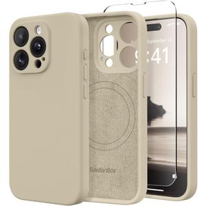 Magnetic for iPhone 15 Pro Max Case, Compatible with MagSafe, [Full Camera Protection][Screen Protector] Silicone Shockproof Protective Phone Case for iPhone 15 Pro Max 6.7", Khaki