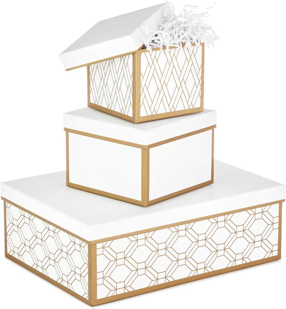 Hallmark Nested Gift Boxes with Lids and Fill (Set of 3, White and Gold, Assorted Sizes) for Valentine's Day, Weddings, Bridal Showers, Bridesmaids, Birthdays