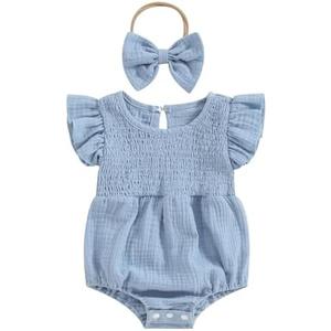 Newborn Baby Girl Clothes Ruffle Sleeve Solid Smocked Bubble Romper Jumpsuit Bow Headband Cute Summer Clothes Size 74