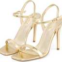 Elisabet Tang Women's High Heeled Sandals 4 Inch Strappy Sling Back Stilettos Open Square Toe Heel with Ankle Straps at Wedding Party Prom Work Gold Size 9