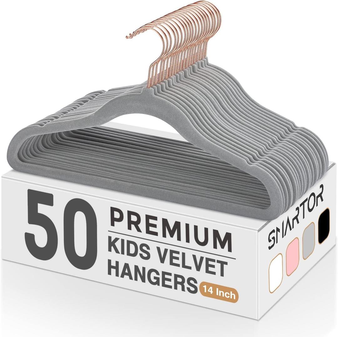 Smartor Kids Velvet Hangers 50 Pack, 14'' Inch Premium Non Slip Kids Felt Hangers for Closet, Space Saving Toddler Clothes Hanger for Youth's Children's' Clothes (Rose Gold Hook)- Grey (Gray)