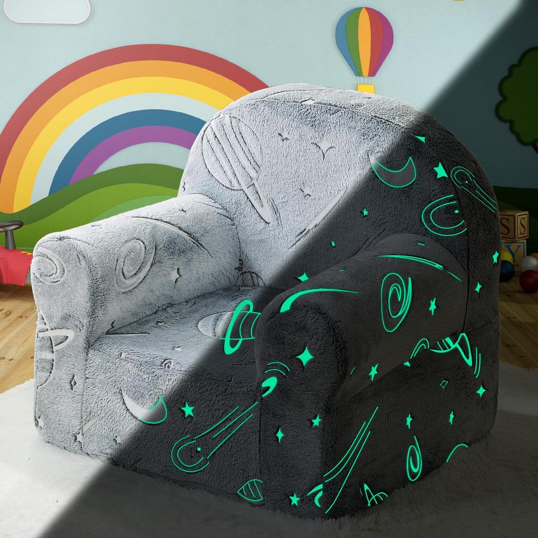 ILPEOD Toddler Sherpa Couch, Cuddly Comfy Plush Chair, Glow in The Dark Dinosaur