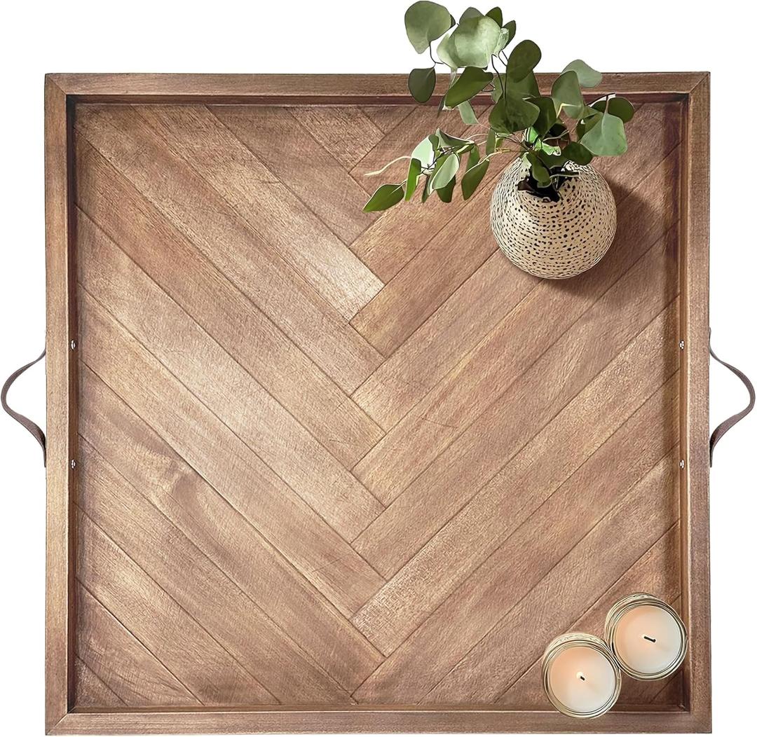 Large Square Ottoman Tray, 24"x24" Wooden Ottoman Trays with Leather Handles, Rustic Decorative Storage Tray for Ottoman