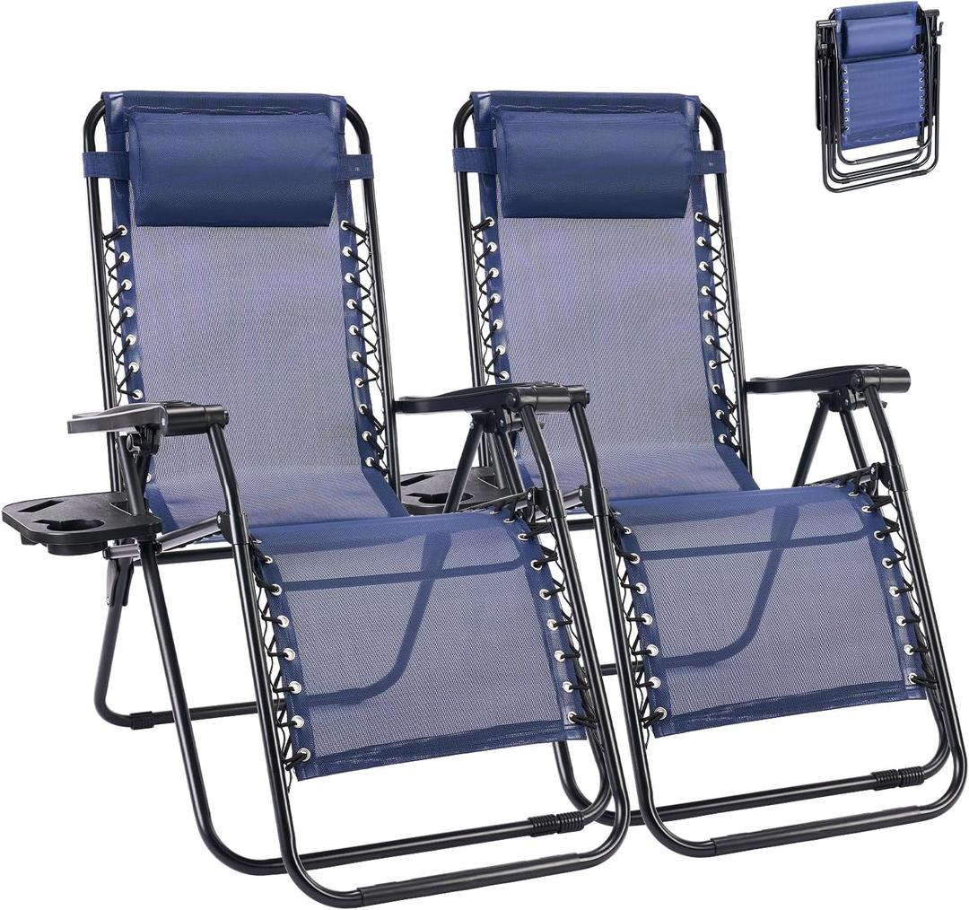 NEWBULIG Zero Gravity Chair Set of 2, Lounge Chair Folding Portable Adjustable Camping Reclining Chairs with Adjustable Pollow, Mesh Back, Cup Holder Trays Lawn Patio Chair for Pool Beach - Blue