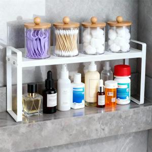 Small Expandable Medicine Cabinet Shelf, 3.58 Wide Metal Storage Stand with Adjustable Layers & Non-Slip Pads for Kitchen, Pantry, & Bathroom  White