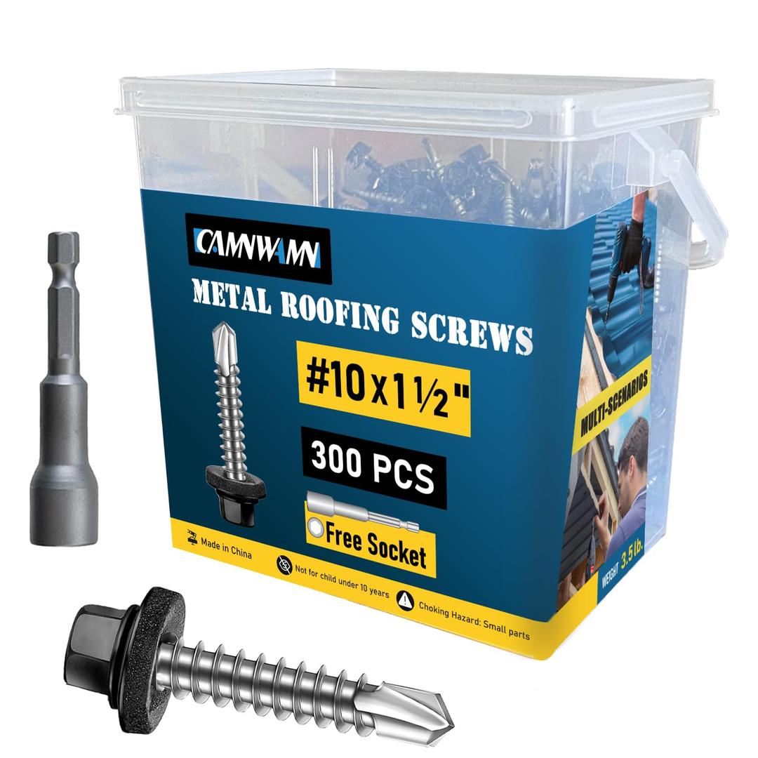 300Pcs #10 x 1-1/2 Inch Metal Roofing Screws, Black Hex Head Drill Point Sheet Metal Roof Screw with Rubber Washer, EPDM Washer, with Hex Drive Bit.