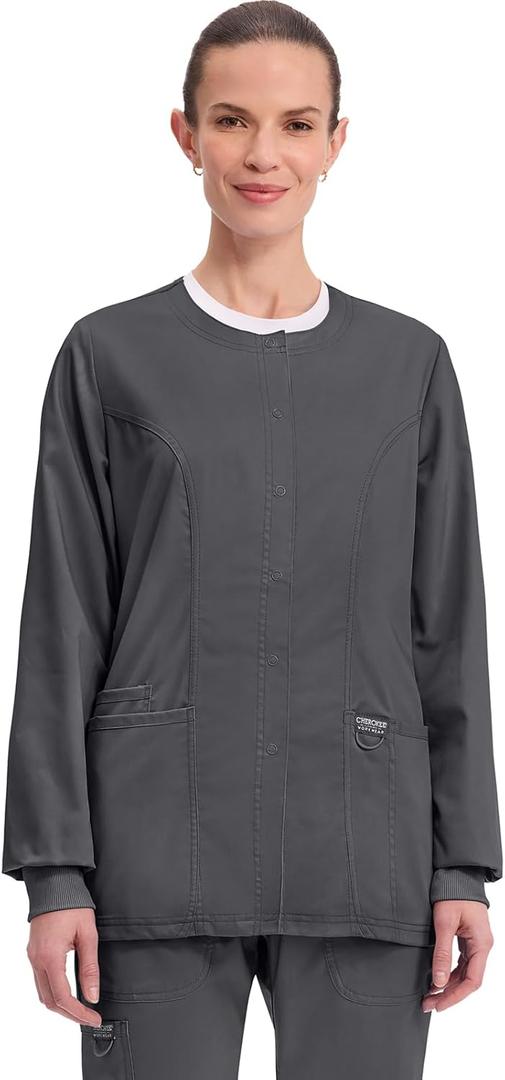 Cherokee Womens Scrub Jacket Nurse Snap Front Medical Uniform with Pockets, 2-Way Stretch, Easy Care Soft Fabric - WW310 (Small, Pewter)