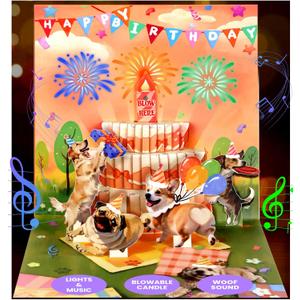 Coralogo Dog Woof Song Musical Birthday Card - DIY Age & Blowable Candle & Fireworks Lights, Dog Birthday Pop Up Card, 3D Cute Surprise Fun Gifts for Women Kids Girl Boy DogLover with Envelope Blank Note