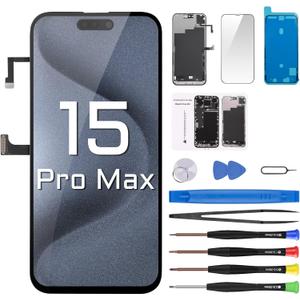 for iPhone 15 Pro Max Screen Replacement with Earpiece Flex Cable Ambient Light Sensor LCD Touch Display Digitizer Full Assembly with Front Glass Tools Kits A3106 A2849 A3105 A3108