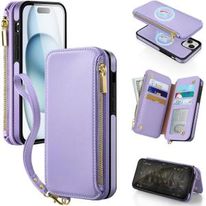 Antsturdy 2 in 1 Detachable for iPhone 15 Plus Wallet case with Magsafe,RFID Blocking Magnetic Wireless Charging PU Leather Phone case Flip Folio Cover Card Holder Wrist Strap Women Men,Light Purple