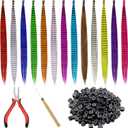 Xinnun 52 Pcs Colored Hair Feathers Extension Kit for Women 13 Colors Long Straight Synthetic Hair Feather 200 Silicone Lined Micro Ring Crochet Hook and Lengthen Remover Plier for Cosplay Party