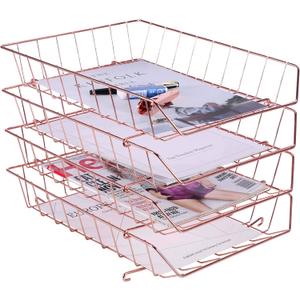 Z PLINRISE Stackable Letter Tray, 4-Tier Desk File Organizer for Mails, Magazines, Documents and Accessories, Wire Paper Tray for Home, School and Office, Rose Gold