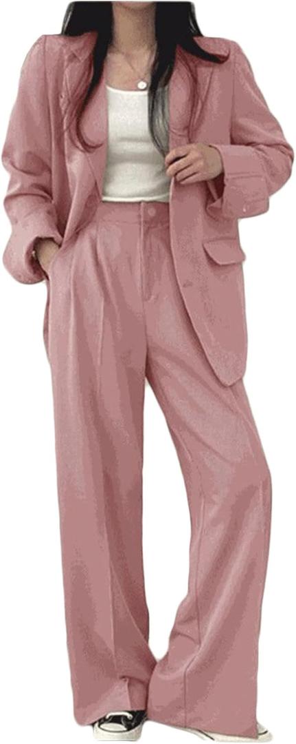 Women’s Korean-Style Plain Suit Long Sleeve Turn Down Collar Blazers Slimming Wide-Leg Pant Two-Piece Suit L