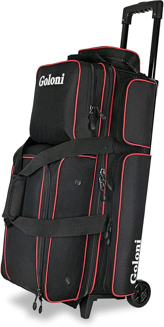 Goloni 3 Ball Bowling Bags with Wheels - Rolling Bowling Bag for 3 Balls & Accessories - Retractable Handle Extends to 38 (Red)