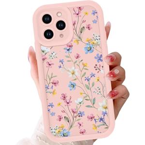 Aesthetic Flower Case for iPhone 16 Pro Max Case 6.9’’, Spring Cute Floral Pattern Case for Women Girls, Soft Bumper Slim Fit TPU Full Lens Protective Silicone Shockproof Phone Cover, Pink Blue Flower