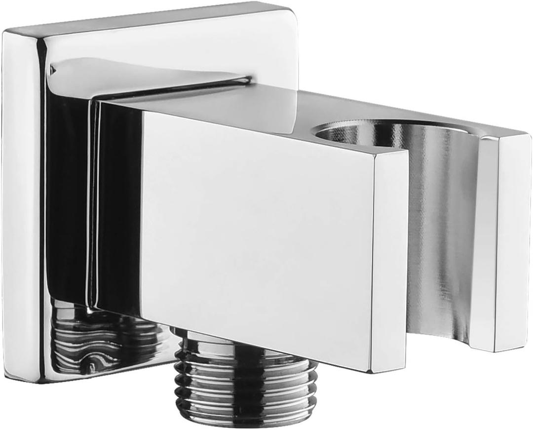 Chrome Wall Supply Elbow with Hand Shower Holder, Keymark Brass Square 1/2Shower Hose Connector, Wall Mount Drop Ell Union Water Outlet