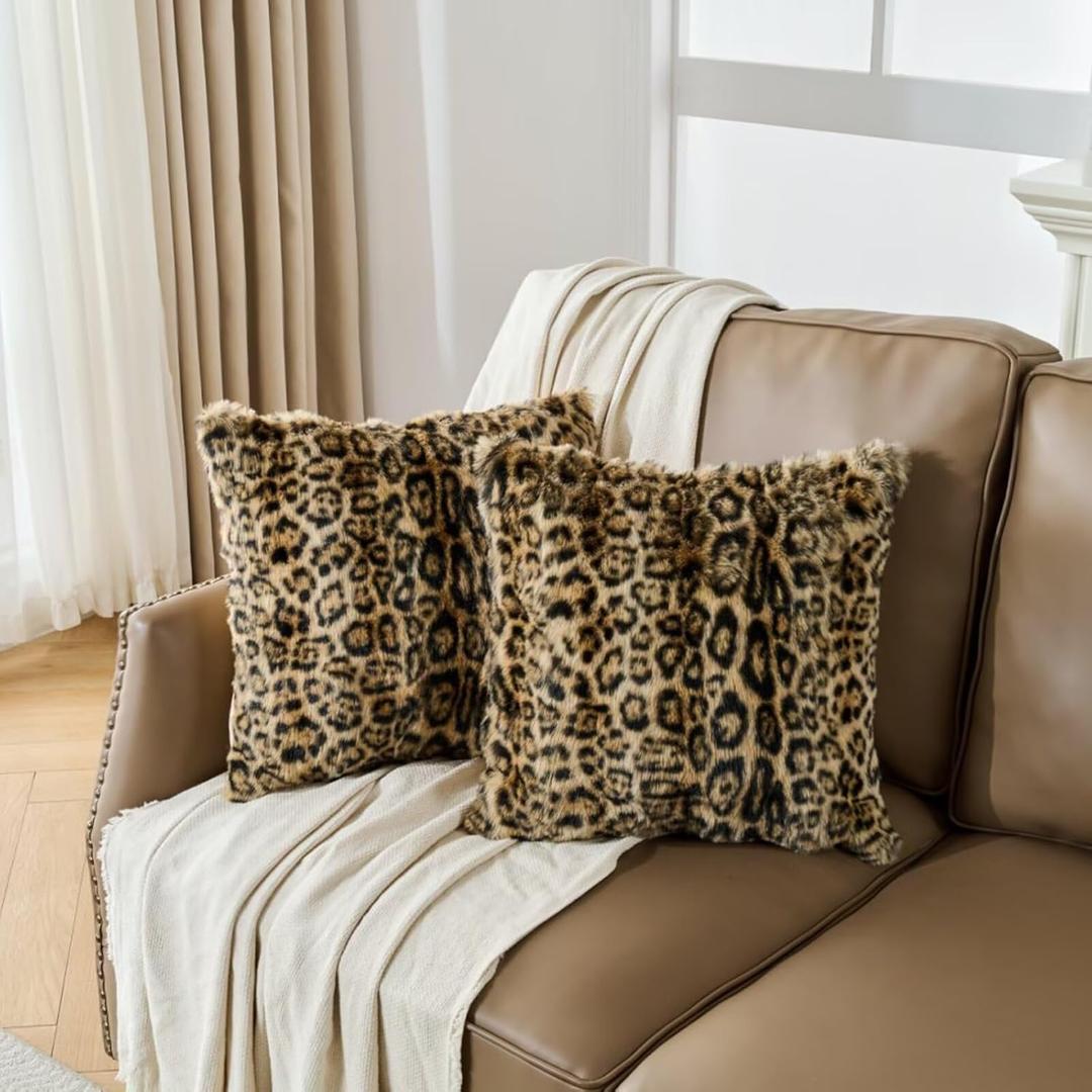 Cheetah Print Faux Fur Fluffy Pillowcases,Plush Soft Throw Pillow Covers, Fuzzy Decorative Leopard Print Pillow Cases, Furry Brown Leopard Cushion Covers for Couch Sofa-18x18 inch Set of 2