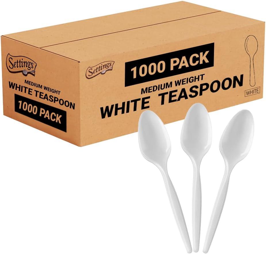 Settings White Plastic Teaspoons, 1000 Count - Heavy-Duty Disposable Teaspoons, BPA-Free Bulk Plastic Cutlery for Parties, Weddings, Catering & Everyday Use
