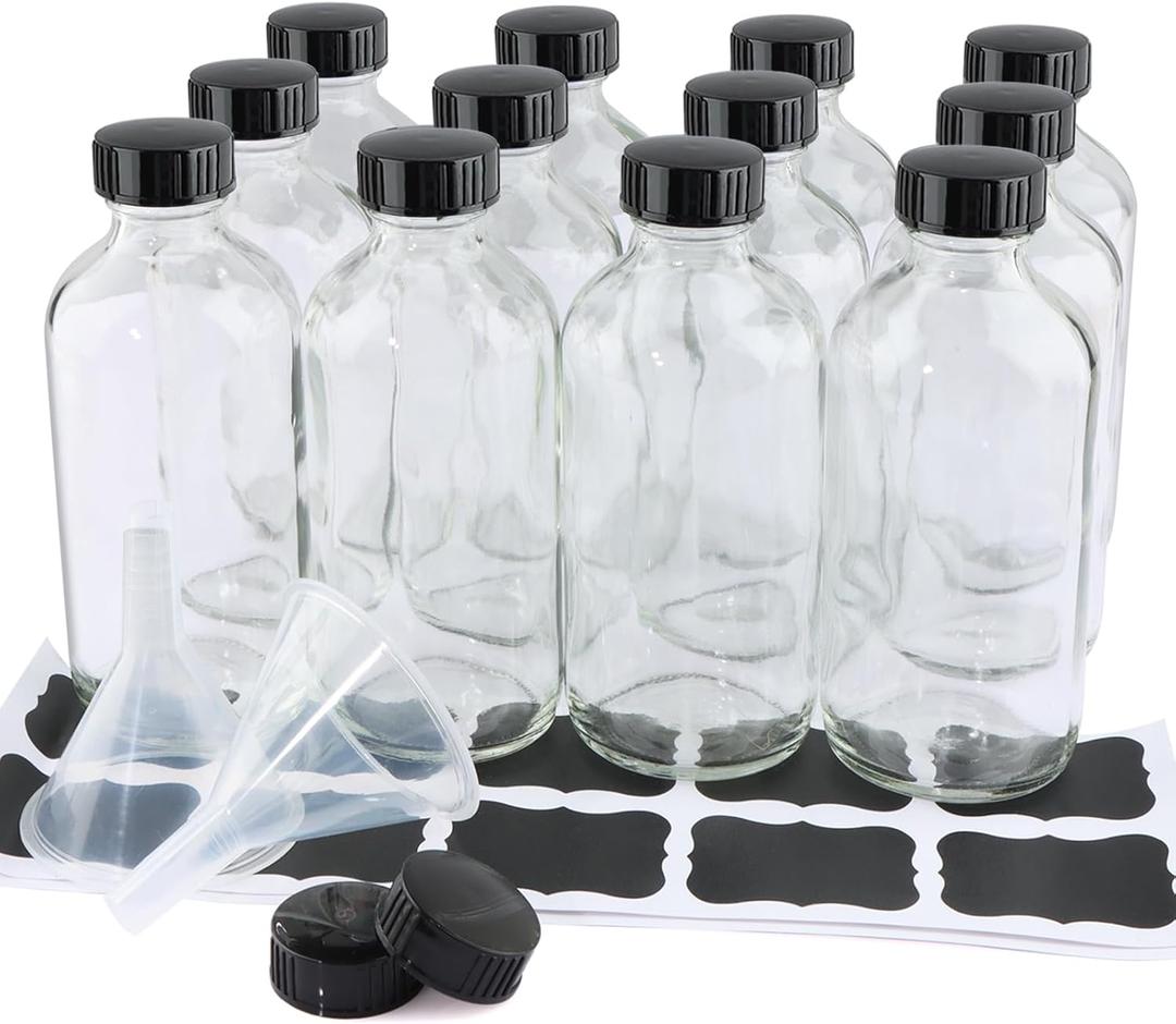12 Pack 8 oz Clear Glass Bottles, 240ml Boston Round Sample Bottles with Black Poly Cone Caps, Labels and Funnels