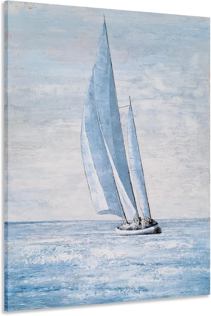 Yihui Arts Coastal Sailing Boat Canvas Wall Art - Blue and White Nautical Picture for Living Room, Bedroom, or Bathroom Decor with Vertical Seaside Artwork (24L" x 16W")