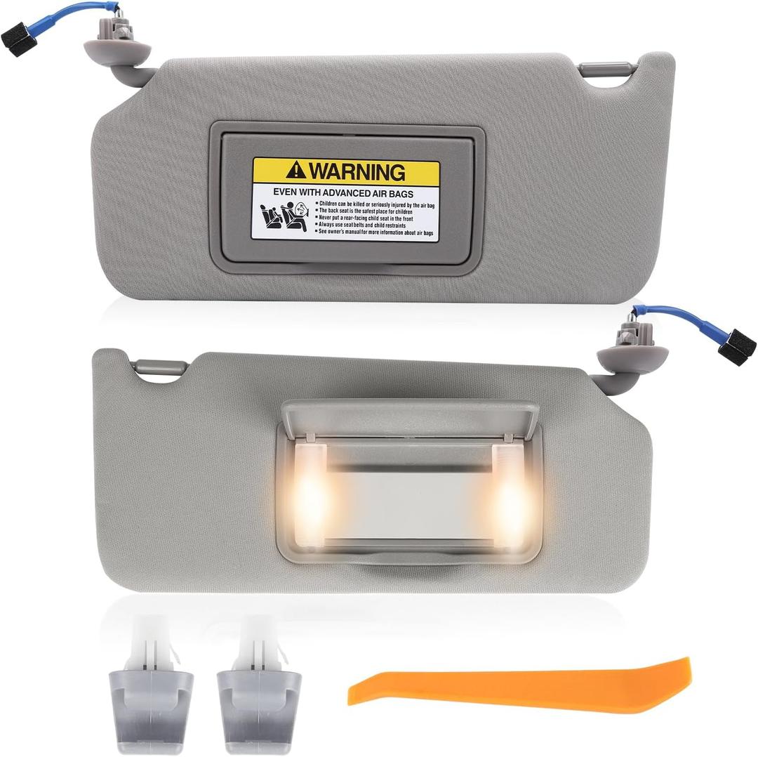 Sun Visor Pair for 2008-2017 Honda Accord - Driver & Passenger Side Replacement (Gray Color) - with Vanity Light (Illuminated) - Replaces# 83280-TA0-A91ZB - Includes Clips & Instructions