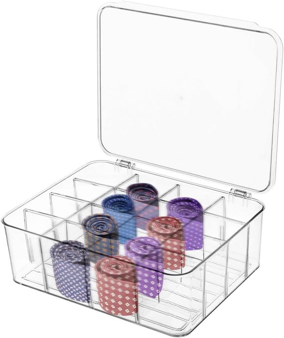 Tie Organizer Dividers Box, 16 Compartment Sock Underwear Drawer Organizer with Lid, Removable Divided Drawer Wardrobe Storage Box for Tie, Bra Storage (16-Cell)