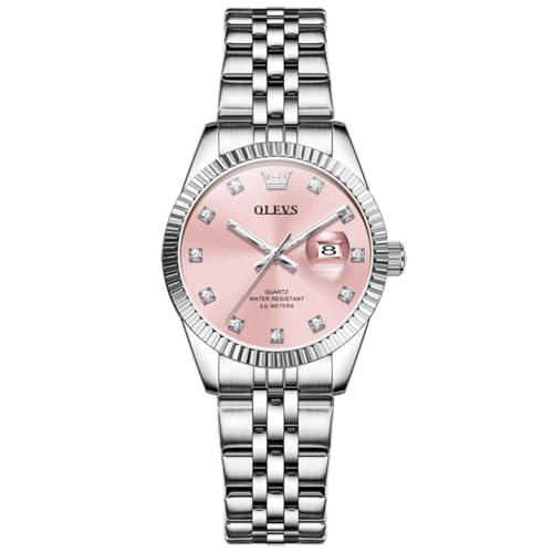OLEVS Watch Women Silver Watches for Women Pink Womens Watch Dress Diamond Stainless Steel Waterproof Ladies Watches for Small Wrist Easy Reader Analog Quartz Date Luxury Reloj para Mujer