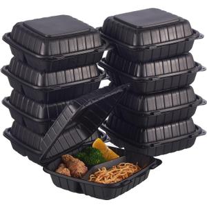 Jaluxing 8X8 3-Compartment 50-Pack Plastic Clamshell Takeout Food Trays Heavy Duty Togo Disposable Box Carryout Meal Prep Packaging Catering Hinged Containers With Secure Snap Lid 