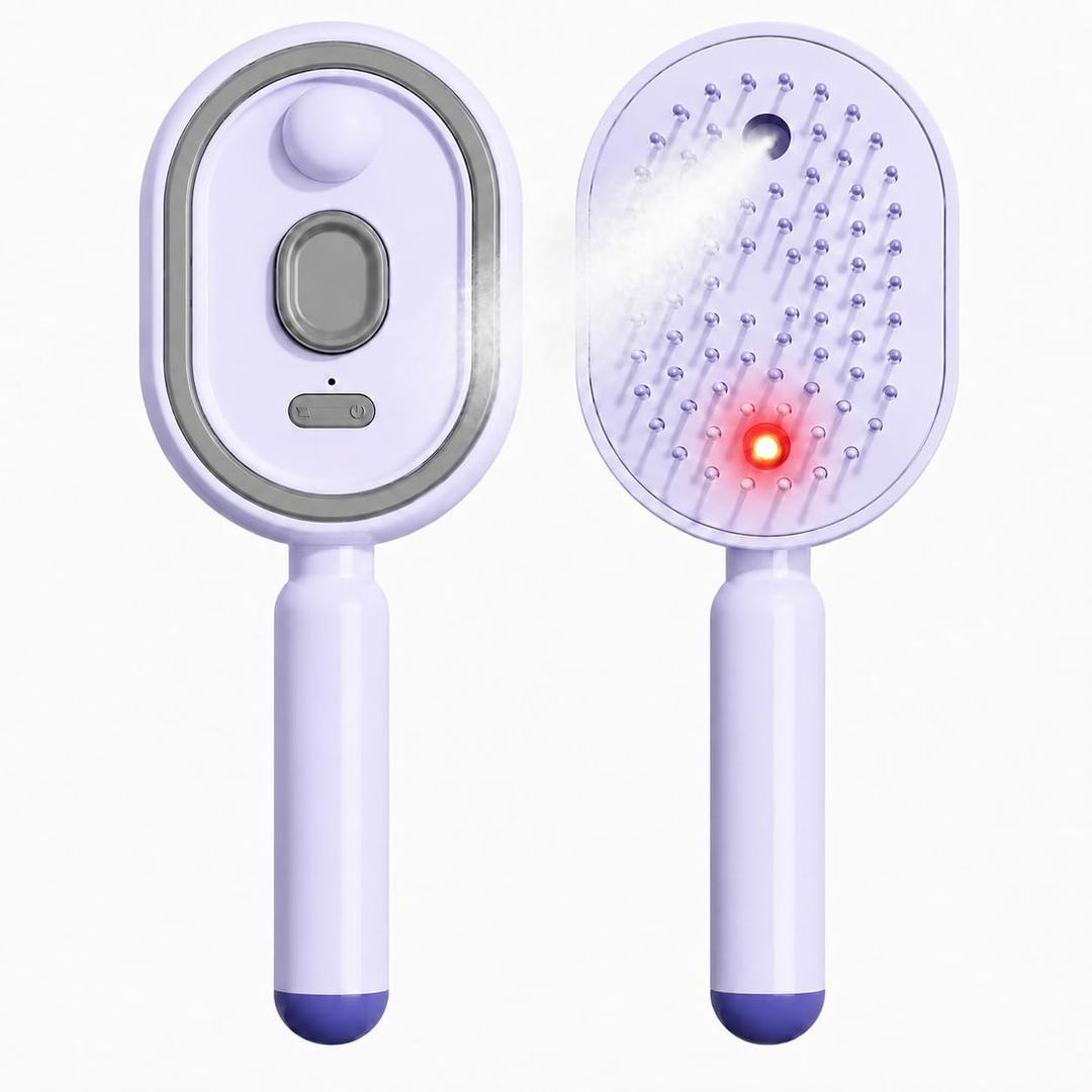 2026 New Electric Steam Hair Brush, Rechargeable 3-in-1 Nano Mist Hair Brush with Water Spray, Air Cushion Detangling Massage Comb for Long and Short Hair, Smooths Frizz, Travel Styling Tool(Purple)