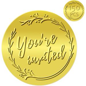 150 PCS You're Invited Stickers, Gold Foil Embossed Envelop Seals, Self-Adhesive Golden Aluminum Foil Stickers for Wedding Invitations, Envelopes, Cards, Present Decoration