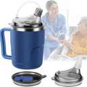 Adult Sippy Cup, 14oz Spill Proof Cup with Straw for Elderly, 3 in 1 Stainless Steel Sippy Cup with 2 Lids, No Spill Feeding Cups for Patient Disabled Maternity Drink Water Milk Soup - Blue