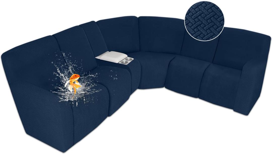 ALIECOM 100% Waterproof Recliner Sectional Couch Covers L Shape Stretch Corner Reclining Sectional Sofa Cover Washable Recliner Slipcover Protector for Dog Pet (5 Seat and 1 Console, Navy Blue)