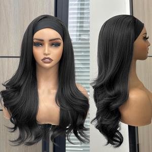 Headband Wig Long Wavy Headband Wigs for Black Women, 180% Density Glueless Half Wig As Human Hair None Lace Front Wigs Wear and Go Synthetic Hair with Headband Attached, 20 Inch Black Wig