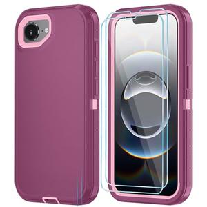 ouyncase Phone Case for iPhone 16e Case & Phone 17e Case with HD Screen Protector, Heavy Duty Shockproof & DustProof & 3-Layer Cover Phone Case for iPhone 16e/17e,WineRedPink