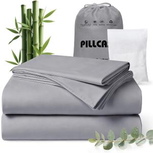 Luxury Organic Tencel & Viscose from Bamboo Cooling Sheet Set, Silky Soft Lyocell Sheets with Deep Pocket, Hypoallergenic & Breathable Bedding with Pillowcases(Gray, California King)