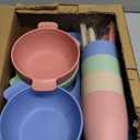 24 PCS Wheat Straw Dinnerware Set for Kids Toddler Plate Bowl Cup Sets Unbreakable BPA-Free Tableware Set with Divided Plate Microwave Dishwasher Safe Perfect for Home School Picnics (Colourful)