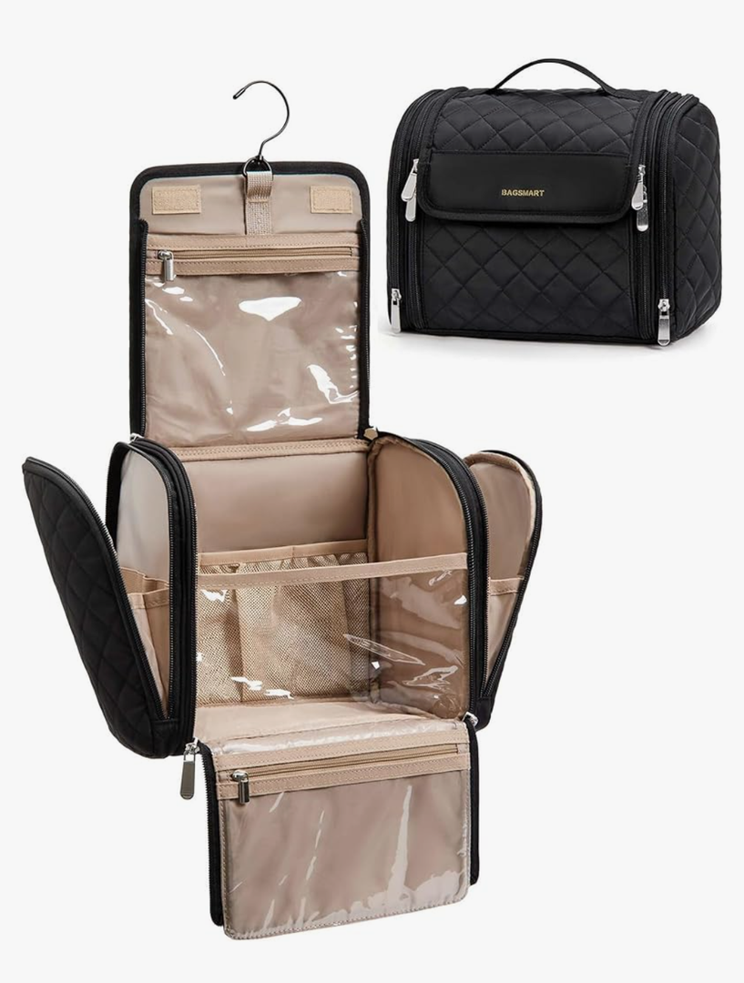 BAGSMART Makeup Bag for Women with Hanging Hook - Portable Cosmetic Case, Large Capacity Door Room Essentials Travel Organizer for Full Sized Cosmetics and Toiletries, Black