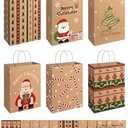 SUNEE Christmas Gift Bags, 12 Pack Christmas Bags for Gifts with Handles, 6 Assorted Kraft Paper Gift Bags Bulk with Xmas Tree, Santa Claus, Candy Designs, 7.28 * 3.15 * 8.7 Goodie Bags for Kids