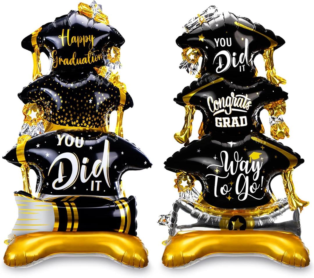 Jenaai 2 Pcs 37" Gold and Black Graduation Caps Foil Balloons Giant Self Standing Congrats Grad Diploma You Did It Theme Balloons for Class of 2026 Graduation Party Decoration Supplies