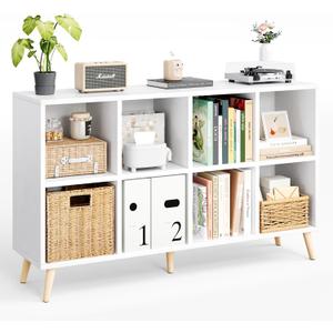 Flrrtenv 8-Cube Bookshelf 2 Tier Modern Bookcase with Legs, 11in Shelf Opening, 47" Wood Bookshelves Storage Organizer Shelf, Freestanding Open Book Shelves for Bedroom Living Room Office, White