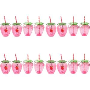 DOITOOL Strawberry Shaped Cups with Lids and Straws 16 Pcs Plastic Strawberry Drinking Tumblers for Girls Portable Milk Tea Cups for Parties and Everyday Use, 12.00X10.00X9.50cm/4.72X3.93X3.73inch