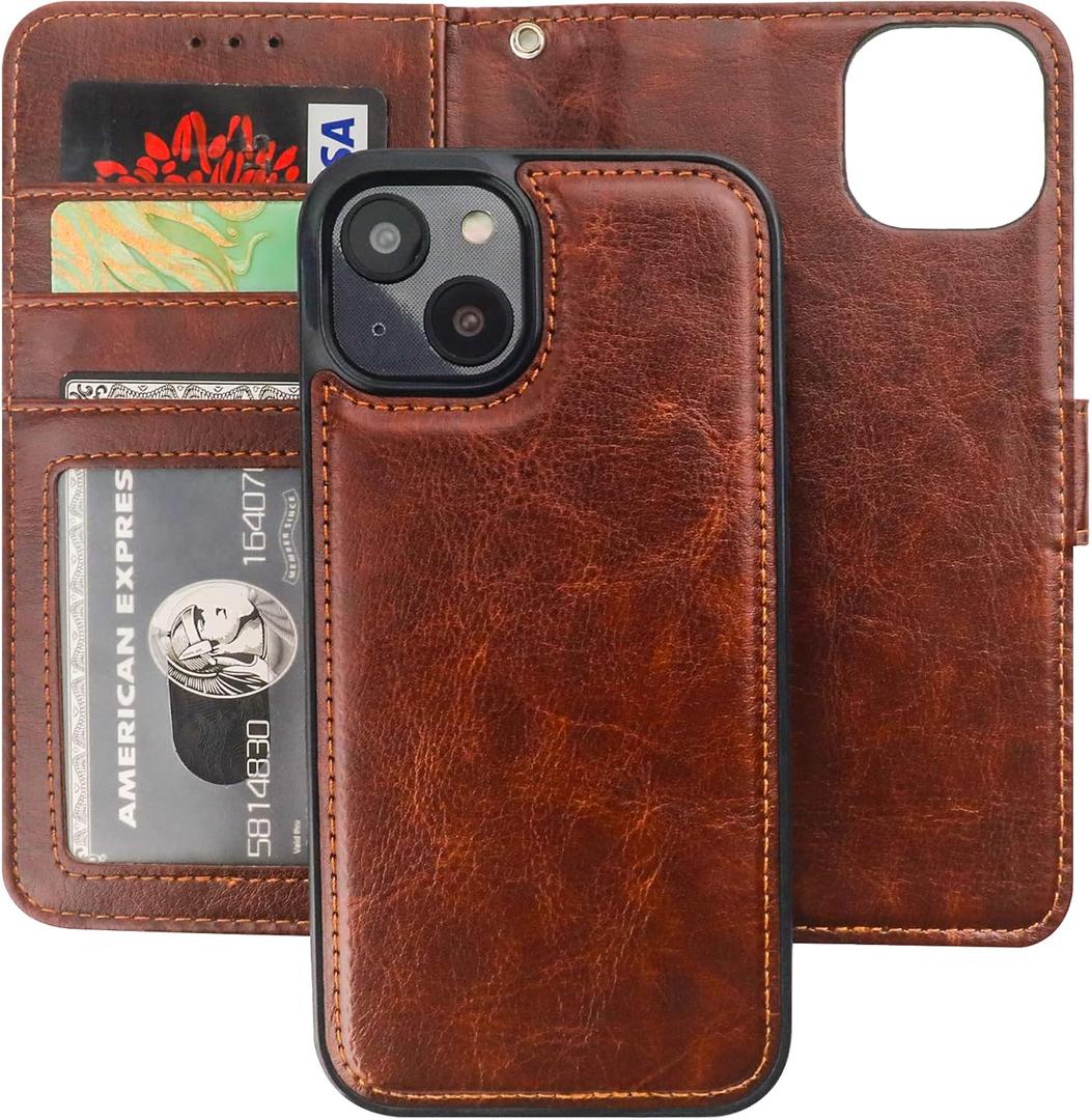 Bocasal Detachable Wallet Case for iPhone 14 RFID Blocking Card Slots Holder Premium PU Leather Magnetic Kickstand Shockproof Wrist Strap Removable Flip Protective Cover 5G 6.1 inch (Brown)