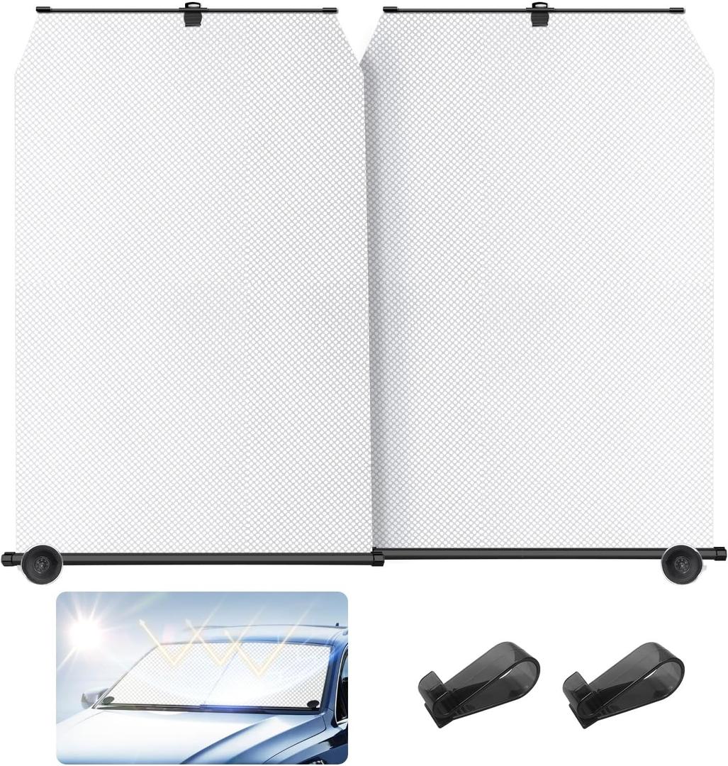 Retractable Windshield Sun Shade - 99% UV & Heat Block, 420D Fabric, Universal Fit for Cars Trucks SUVs (Not for Large Trucks/Contoured Windshields.)