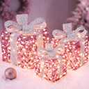 Christmas Lighted Gift Boxes, 170 LEDs Pink Christmas Decorations with Silver Bow, 8 Modes & Timer Set of 3 Plug-in Warm White Xmas Lights Decor for Yard Door Holiday Party Indoor Outdoor