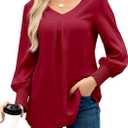 OMSJ Women's V Neck Smocked Cuffs Long Sleeve Dressy Casual Shirts Loose Chiffon Work Blouse Elegant Tops (Medium, Red)