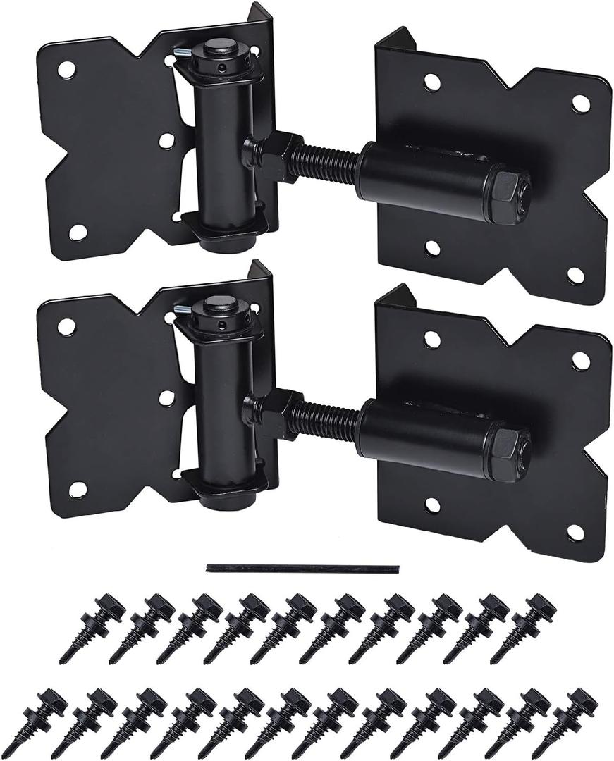 Self Closing Gate Hardware Hinges Heavy Duty for Wooden/Vinyl/PVC Fences,90 Degree Adjustable, with Installation Screws and Swing Adjuster Tool,2 Pack/Set,Black