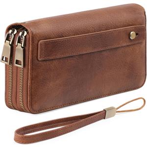GAEKEAO Wallet for Women Clutch RFID Blocking Wristlet Leather Purse Large Capacity Credit Card Holder with Grip Hand Strap (A01 Retro Brown Tan)