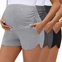 3 Pack Women's Maternity Biker Shorts Pregnancy Shorts Pocket Cotton High Waisted Over Belly Running Athletic Bottom (Large, Light Gray, Dark Gray, Black)